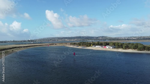 Aerial Flyover: People Kite Surfing On Fiesta Island Park In Mission Bay, San Diego; Travel And Tourism.