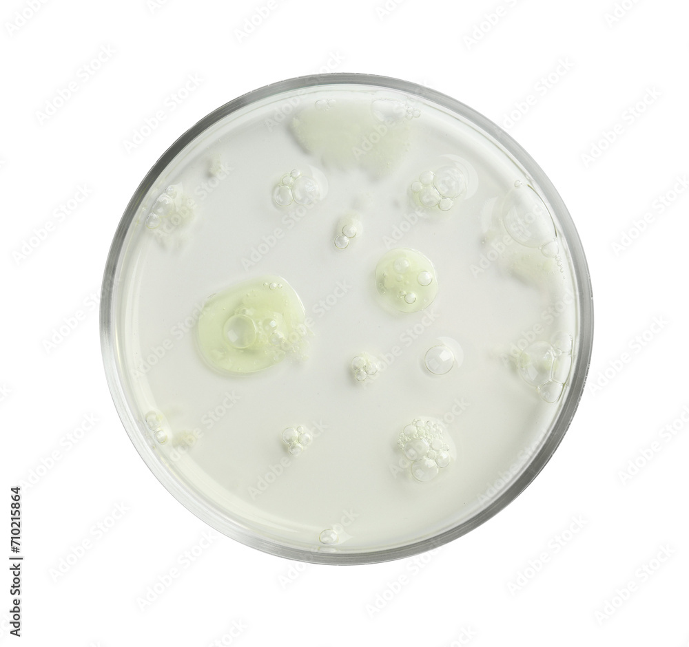 Petri dish with liquid sample on white background, top view Petri dish with liquid sample on white background, top view