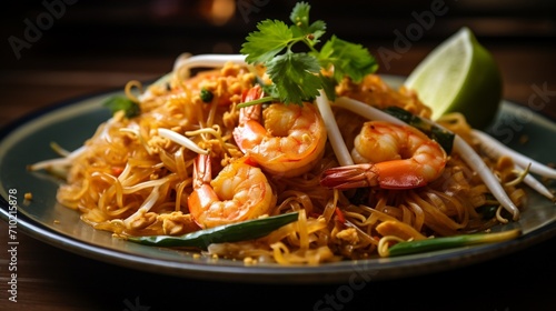 A macro shot capturing the intricate details of Pad Thai noodles, showcasing their texture and the glistening surface of the shrimp.
