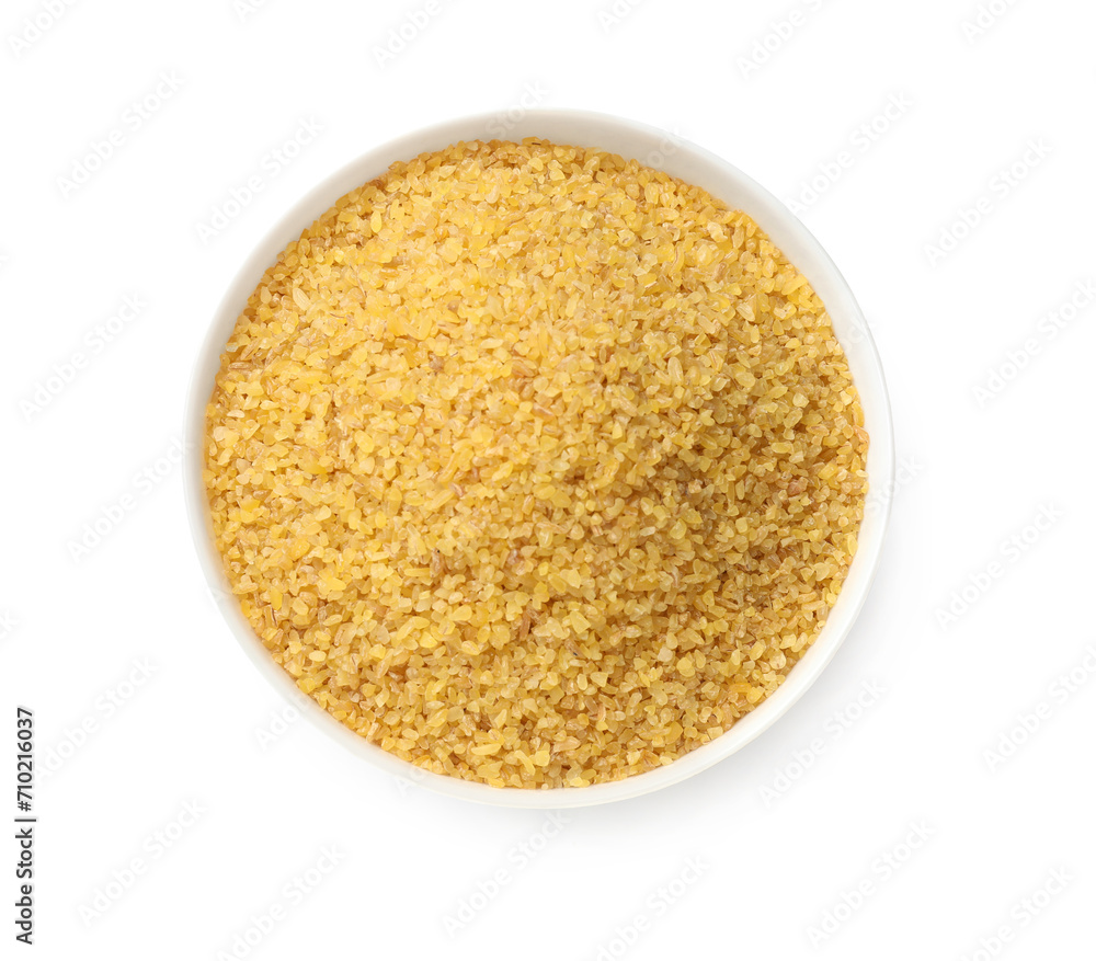 Bowl of raw bulgur isolated on white, top view Bowl of raw bulgur isolated on white, top view