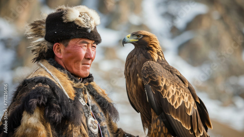 Mongolian eagle hunter standing with his bird against blue sunny sky and distant snowy mountains photo