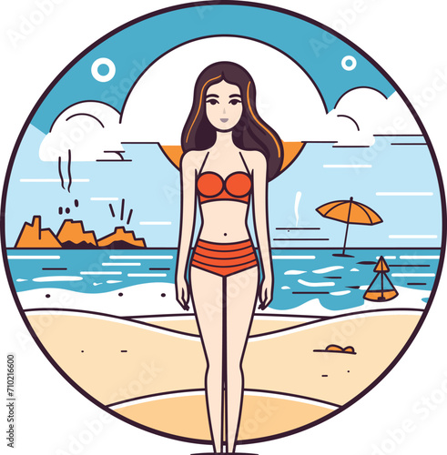 Young woman in orange bikini standing on beach with sea, sand, and umbrella. Summer vacation and female beauty. Relaxing oceanside holiday vector illustration.