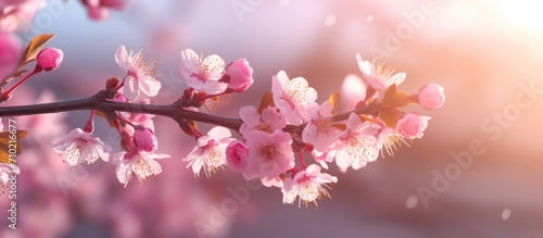 Pink cherry blossoms in spring at sunrise
