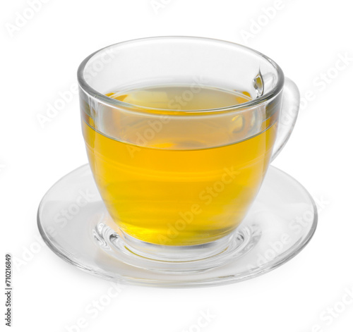 Fresh green tea in glass cup and saucer isolated on white
