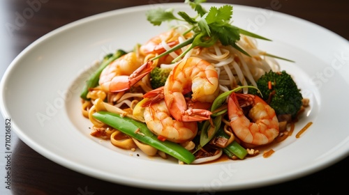 A side angle shot of Pad Thai on a modern white plate, highlighting the contrasting hues of the noodles, shrimp, and green vegetables.