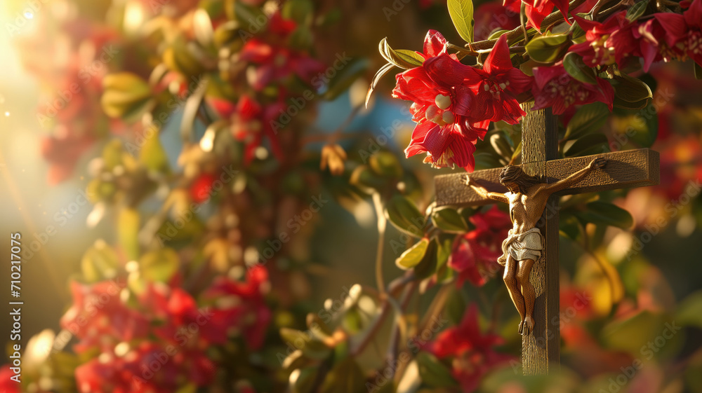 Crucifix surrounded by blooming flowers in sunlight