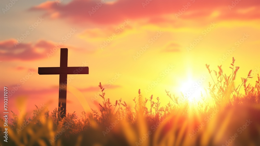Wooden cross at sunrise in a golden field Wooden cross at sunrise in a golden field