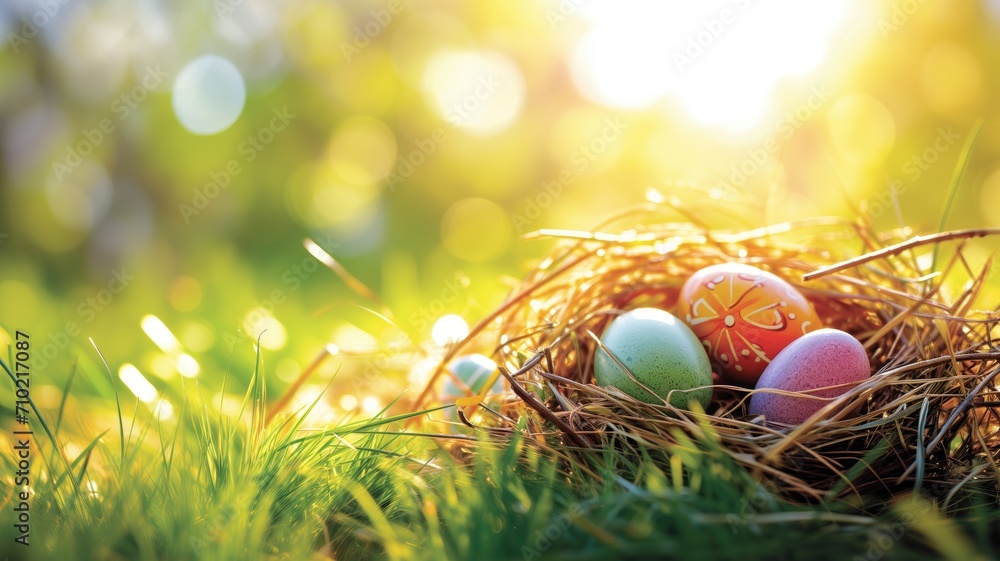 Colorful Easter eggs nestled in a straw nest on a sunny field Colorful Easter eggs nestled in a straw nest on a sunny field