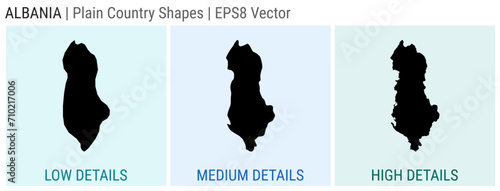 Albania - plain country shapes. Low, medium, and high detailed maps of Albania. EPS8 Vector illustration.