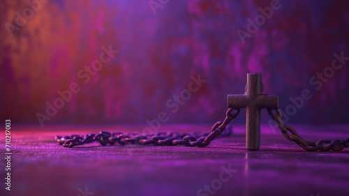 Small cross with chain on a purple-hued reflective surface