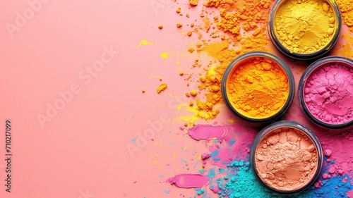 Vibrant cosmetic powders on a pink surface