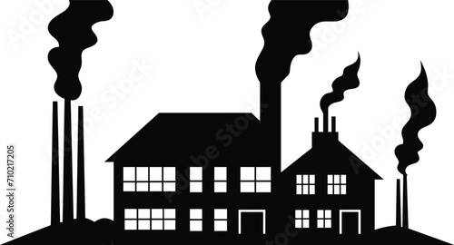 Black silhouette of industrial factory with smokestacks emitting smoke. Pollution and environment concern concept vector illustration.