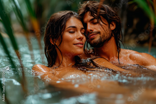 Seductive Serenity: A Couple in a Tropical Resort Pool, Capturing Passion, Valentine's Day, Honeymoon - A Blend of Seduction and Relaxation in an Ambiance of Exclusive Tranquility.