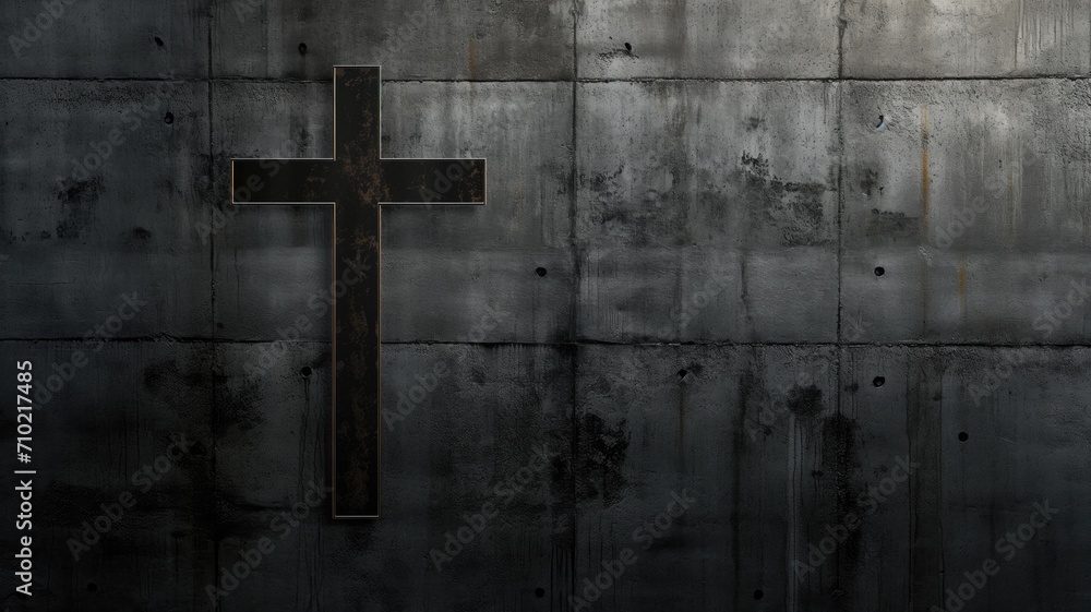Minimalistic cross on a weathered concrete wall