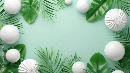 Minimalist tropical theme with white spheres and green leaves on a light green background