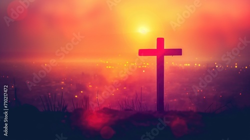 Cross silhouette against a dramatic red sunset and city lights © Татьяна Макарова