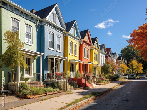 Vibrant row houses with unique colors lining the streets of a charming historic neighborhood.