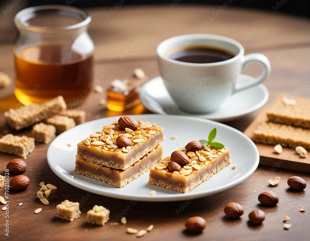 A table with a cup of Brazilian coffee with hazelnut flavors. A cup of chamomile infusion and some honey with an almond cereal morning breakfast meal A table with a cup of Brazilian coffee with hazelnut flavors. A cup of chamomile infusion and some honey with an almond cereal morning breakfast meal