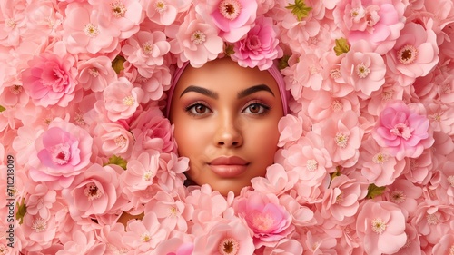 A woman's face surrounded by a bed of soft pink flowers