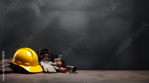 hardhat hammer wrench and other worn dirty tools on dark background © Aura