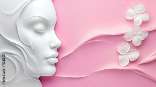 Sculpted face profile with white flowers on pink