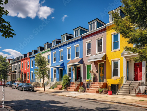 Vibrant row houses lined up in a charming, historical neighborhood, creating a colorful scenery.