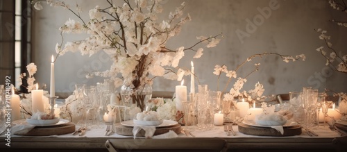 Elegant white wedding table adorned with flowers, candles, and serving plates.