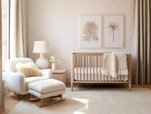 A modern nursery with Scandinavian influences, featuring a neutral color palette and minimalist decor.