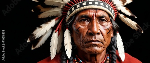Wide portrait capture of Indigenous people of the Americas, Red Indian, Osage people, Native American old warrior chief, tribal panther makeup, serious eyes, on black background. Generative AI photo