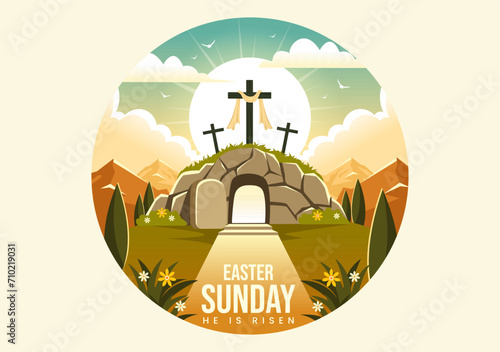 Happy Easter Sunday Vector Illustration of Jesus, He is Risen and Celebration of Resurrection with Cave and the Cross in Flat Cartoon Background