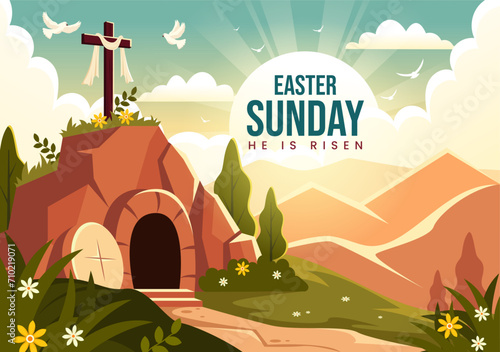 Happy Easter Sunday Vector Illustration of Jesus, He is Risen and Celebration of Resurrection with Cave and the Cross in Flat Cartoon Background