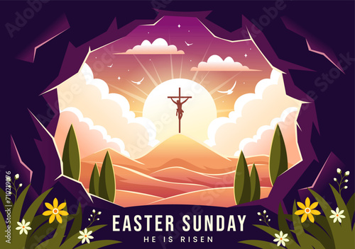 Happy Easter Sunday Vector Illustration of Jesus, He is Risen and Celebration of Resurrection with Cave and the Cross in Flat Cartoon Background