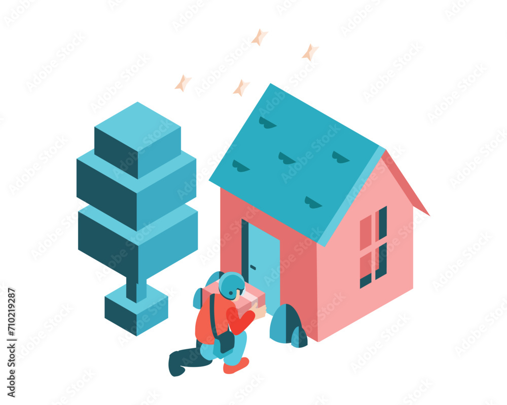 Package is Being Delivered to the Customer's Home by the Courier | Isometric Delivery Package is Being Delivered to the Customer's Home by the Courier | Isometric Delivery