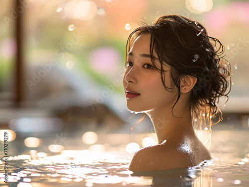 温泉での至福の時間を楽しむアジア系女性 photo