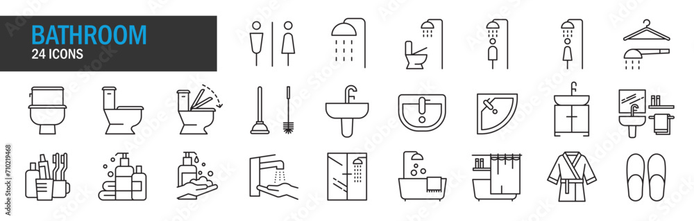 Bathroom icon set. High quality design element. Editable linear style stroke. Vector icon. EPS, PNG, JPG