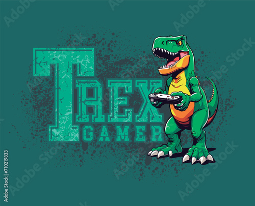 AI generative vector illustration of Tyrannosaurus Rex with video game controller. Cartoon style art.