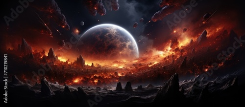 Exploding planet against dark backdrop.