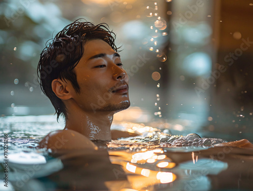 温泉での穏やかな一時を過ごすアジア人男性
