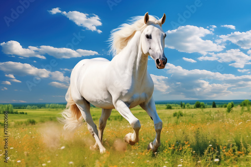 Majestic White Horse Galloping in Sunny Meadow