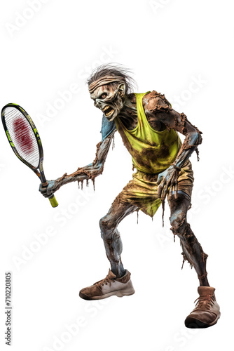 Full body shot of zombie playing tennis over white transparent background © Pajaros Volando