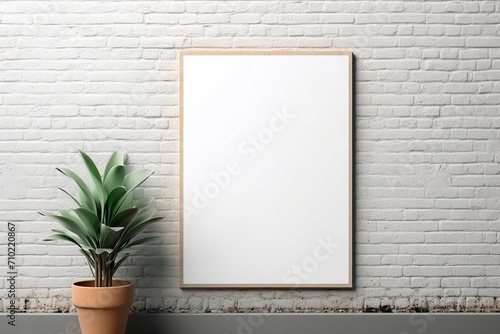 Blank frame for poster mockup attached to the wall. Complete whiteboard wall template for graphic art. Front view of blank frame concept. © Vagner Castro