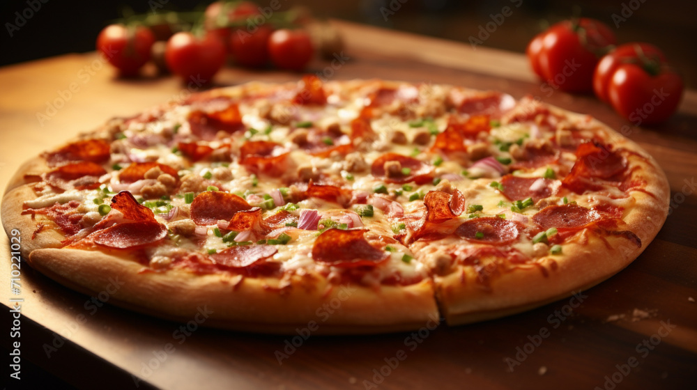 A California pizza featuring a thin crust topped with fresh ingredients like avocado, sun-dried tomatoes, chicken, and a blend of cheeses for a unique and delicious flavor. A California pizza featuring a thin crust topped with fresh ingredients like avocado, sun-dried tomatoes, chicken, and a blend of cheeses for a unique and delicious flavor.