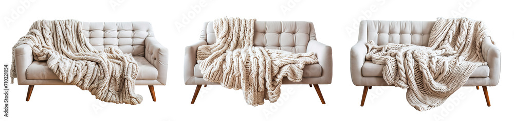 Set of Scandinavian modern sofas with chunky knitted blankets over isolated transparent background - obrazy, fototapety, plakaty 