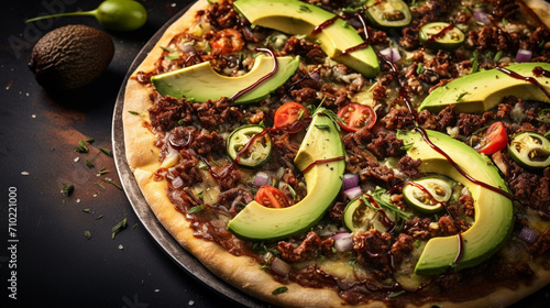 A mouthwatering avocado biltong pizza with creamy slices of avocado, savory biltong (dried meat), and melted cheese on a crispy golden crust. photo