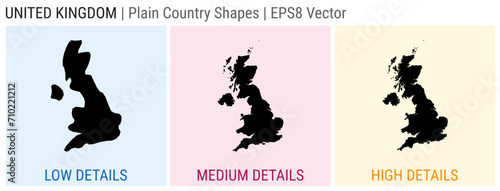 United Kingdom - plain country shapes. Low, medium, and high detailed maps of the United Kingdom. EPS8 Vector illustration.