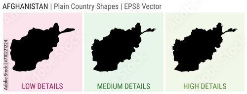 Afghanistan - plain country shapes. Low, medium, and high detailed maps of Afghanistan. EPS8 Vector illustration.