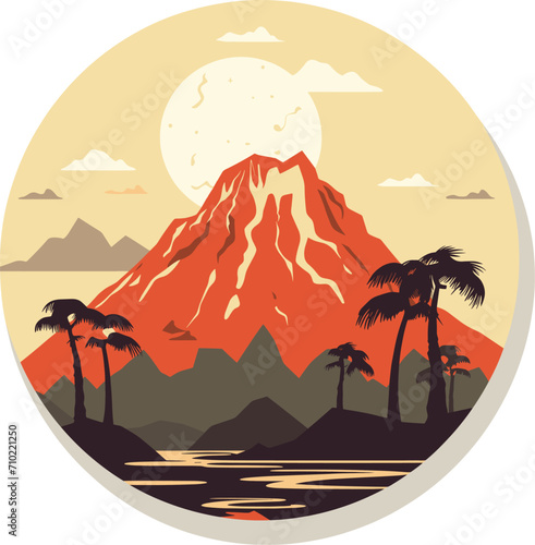 Red volcano landscape with palm trees and lake at sunset, full moon in sky. Circular tropical mountain scenery vector illustration.