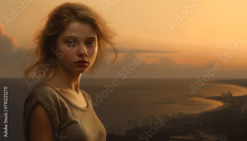 Young woman looking at camera, beauty in nature, sunset generated by AI