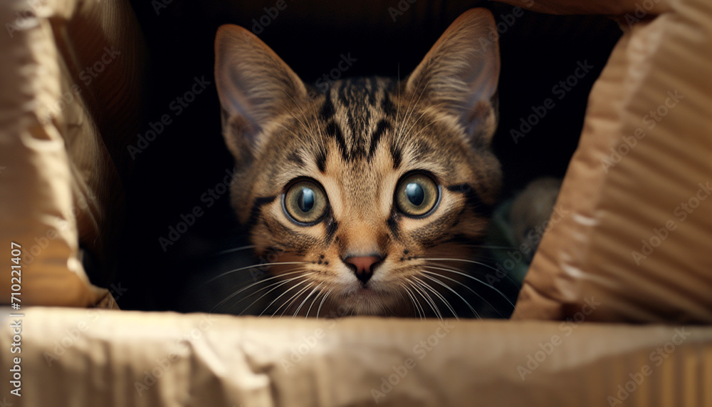 Cute kitten with striped fur, staring, resting on pillow generated by AI Cute kitten with striped fur, staring, resting on pillow generated by AI