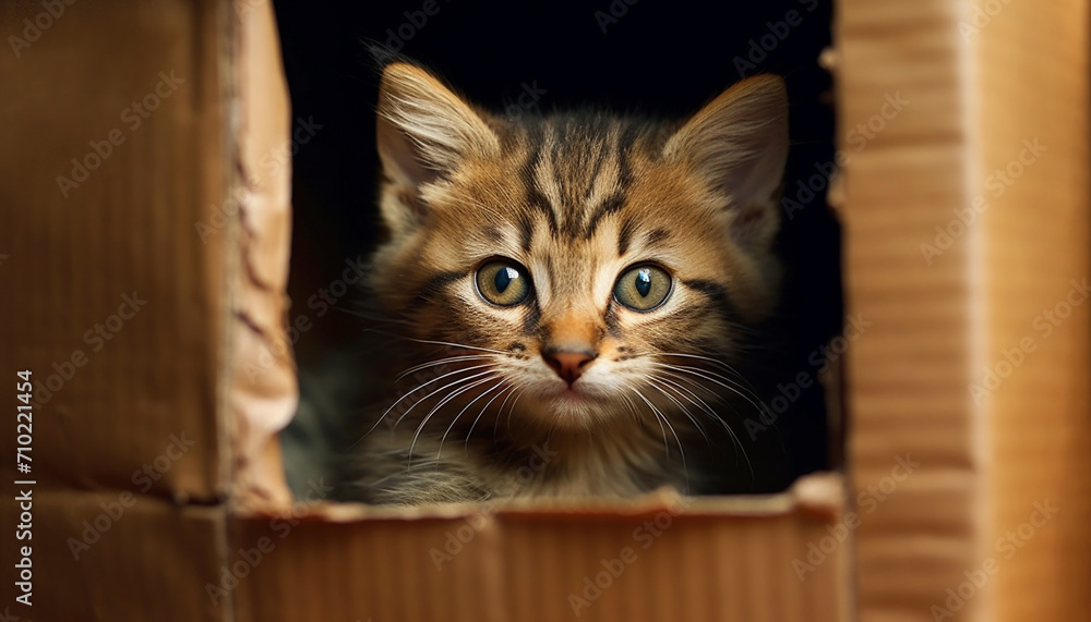 Cute kitten hiding, peeking out, staring with curious eyes generated by AI